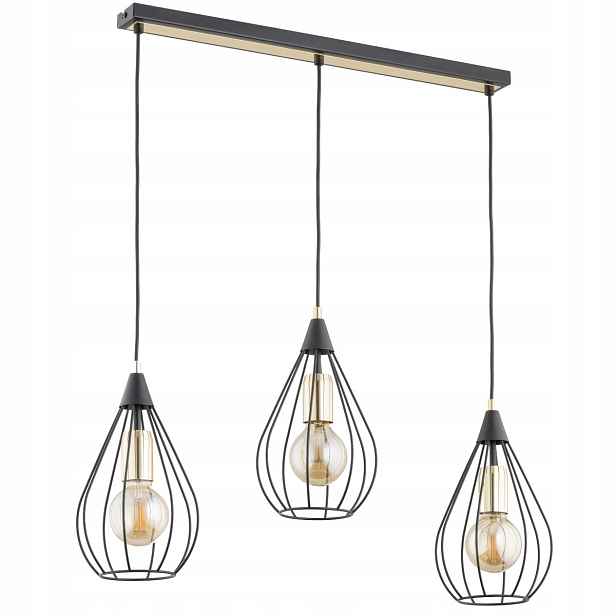 Závěsná lampa černo-zlatá lišta 3xE27, drátěné stínítko, Managos Alfa