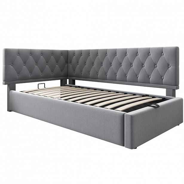 Modfu ČALOUNĚNÁ postel ze sametu 90x190 cm šedá s hydraulickým úložným prostorem a variabilním čelem ve tvaru L