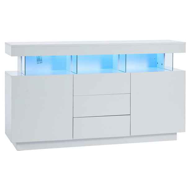 Redom PŘÍBORNÍK 140/35/80 cm s LED osvětlením, 3 zásuvkami, 2 skříňkami a akrylovými prvky, bílá