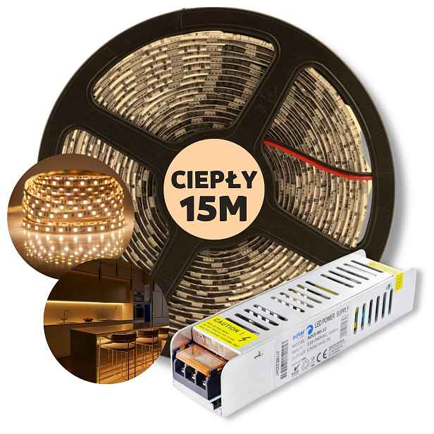 Set 15 m Pásek Led lišta Smd bílá teplá s napájecím zdrojem 12 V