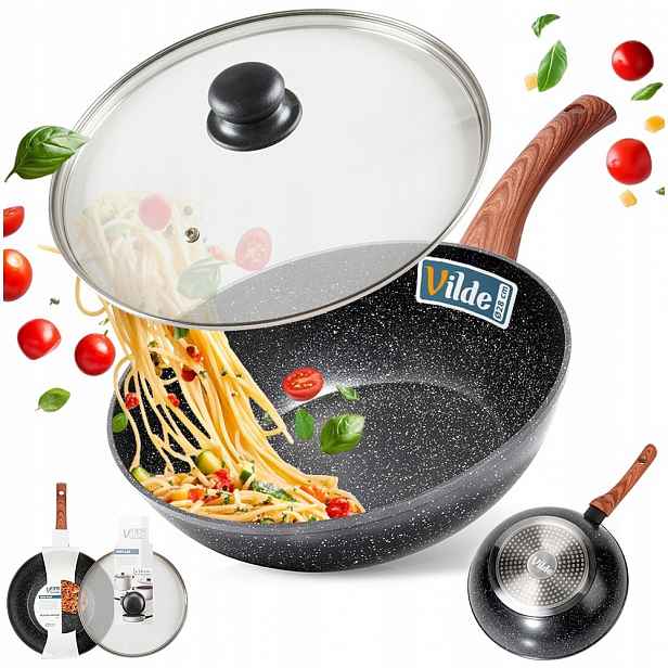 Wok Granitová velká hluboká pánev na smažení dušení 28 cm víko