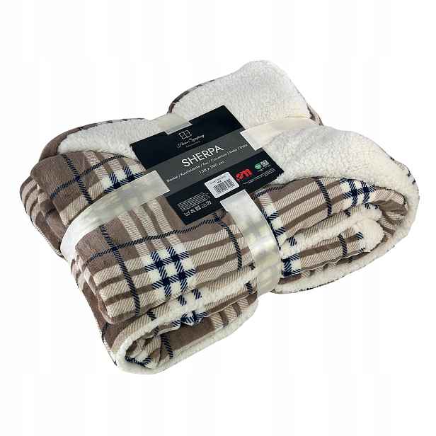 Deka na postel Sherpa 150x200 oboustranná beránek kostkovaná béžová