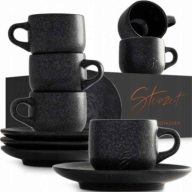 Sada 6 Šálků Na Espresso 80 ML Ruční Výroba Podšálky Černé