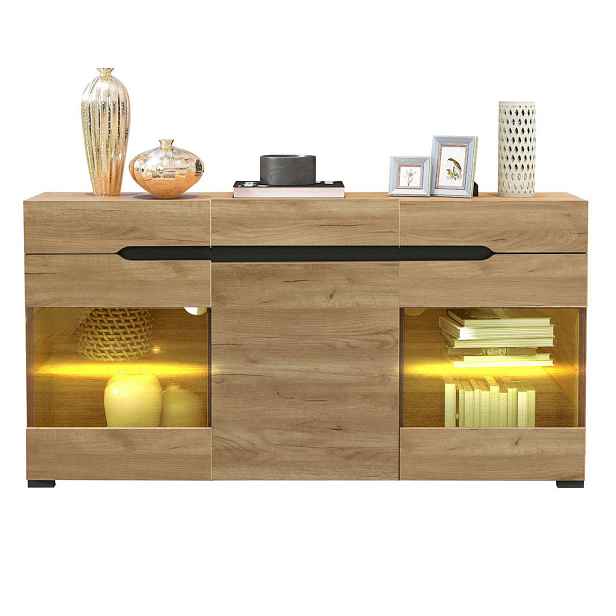 Modenvie SIDEBOARD 140/35/80 cm v dubovém dekoru s LED osvětlením a 3 dvířky