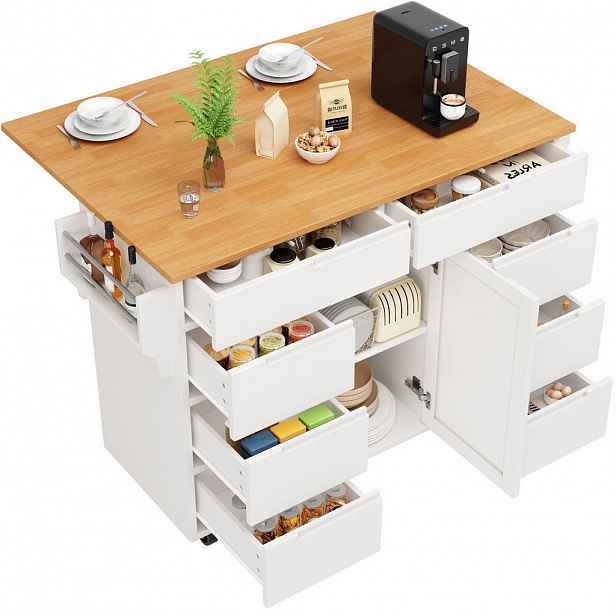 Redom KUCHYŇSKÝ ostrůvek 122/46/91,5 cm z MDF se sklopnou deskou, 8 zásuvkami a kolečky, Bílá