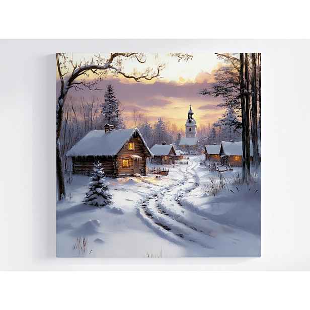 Obraz Na Plátně Canvas Krajina Vesnice Kostel Domy Zima Sníh 50x50