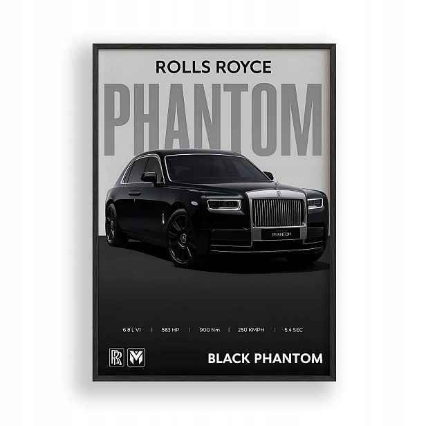 Obraz Rolls-Royce Phantom Black Plakát Rámeček Dřevěný Černý 30x42 cm