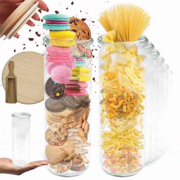 Sklenice Weck 600 ml zavařeniny Cylinder dřevěné těstoviny víko 12 Ks odměrka