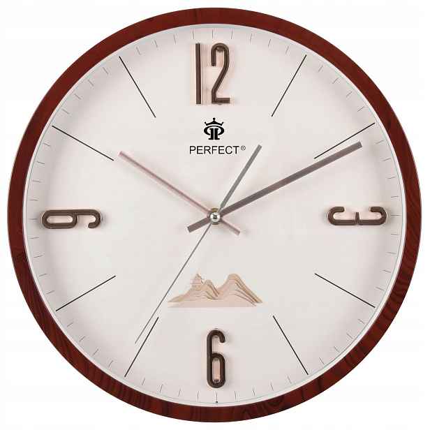 Střední Třešňové Kulatý Tiché Elegantní Nástěnné Hodiny Perfect PW355 34 cm