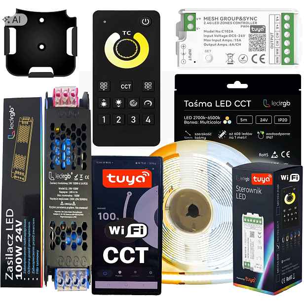 Sada Led pásků Neon Cob 24V 5 m Cct 2700K-6500K Bílá Wifi Dálkový Ovladač Napájecí Zdroj