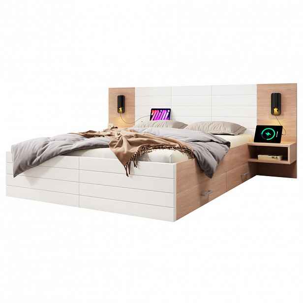 Modfu MANŽELSKÁ postel z masivního dřeva a MDF 140x200 cm bílá/světlý dub s USB, lampičkou a 2 zásuvkami