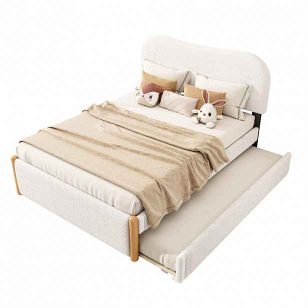 Modfu ČALOUNĚNÁ postel z plyše a MDF 140x200 cm bílá s výsuvným lůžkem a minimalistickým designem