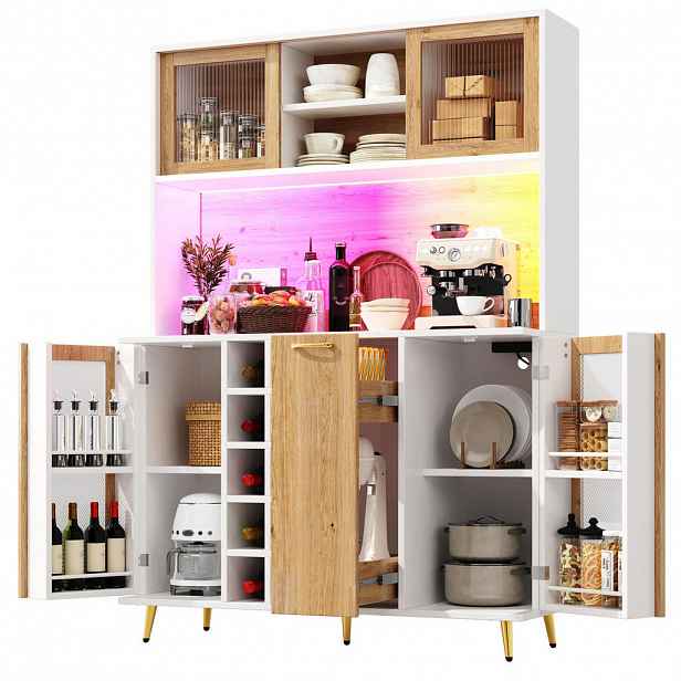 Redom BUFFET 120/40/180 cm s LED osvětlením, zásuvkou a vinotékou, bílá/dřevo