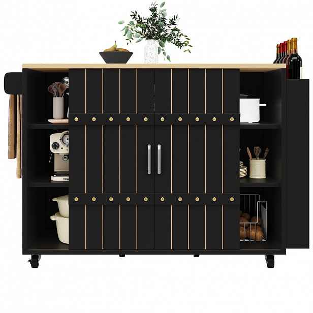 Redom KUCHYŇSKÝ ostrůvek 110/42/90 cm s výklopnou pracovní deskou, posuvnými dvířky a úložným prostorem, Černá