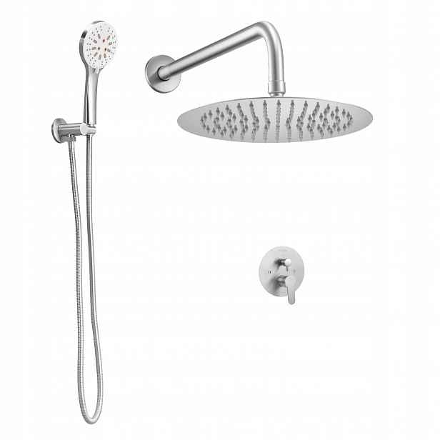 Sprchový set dešťová 25,4 cm kulatý s baterií na stěnu, nikl