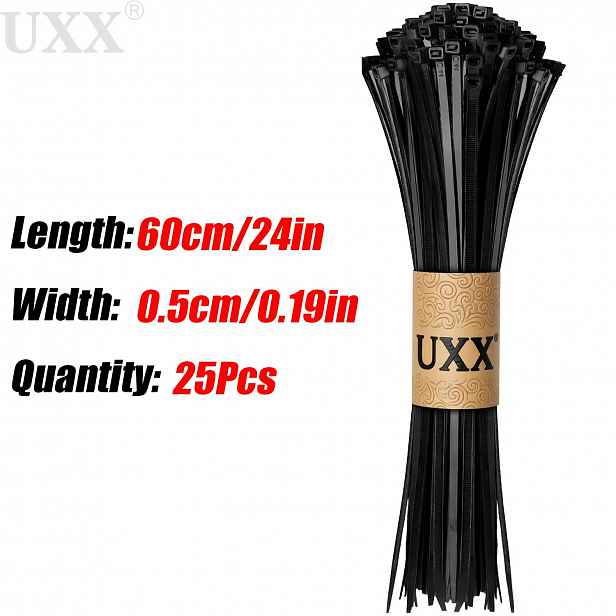 TEMU UXX 350-1200 silné - Odolné UV odolné stahovací pásky, extra dlouhé 350-1200 mm, 25 ks, pevnost v tahu 70 lbs, multifunkční samosvorné nylonové
