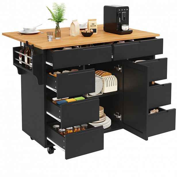 Redom KUCHYŇSKÝ ostrůvek 122/74,5/91,5 cm s výklopnou deskou, 8 zásuvkami a kolečky, MDF, Černá