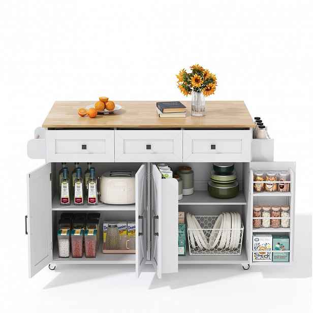 Redom KUCHYŇSKÝ ostrůvek 140/43(70)/90,5 cm s klopnou pracovní deskou, úložným prostorem a kolečky, Bílá/Přírodní