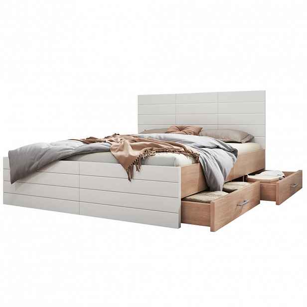 Modfu DŘEVĚNÁ postel z masivního dřeva a MDF 140x200 cm bílá/světlý dub se 2 zásuvkami a roštem