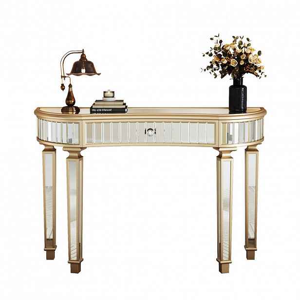 OKWISH KONZOLOVÝ stolek 120/38/78 cm z MDF a skla zlatý a stříbrný s šuplíkem