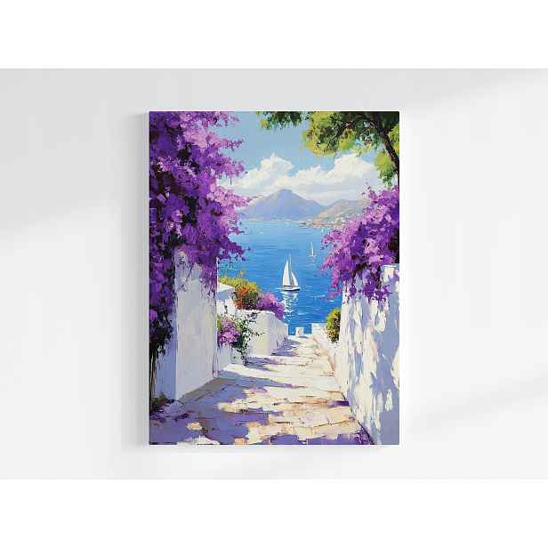 Plakát Řecko Santorini Ulička Moře Květiny Pohled 75x100