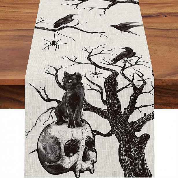 TEMU 1ks, Lněný Běhoun, Halloweenský Dekorativní Běhoun, Halloweenská Lebka Se Vzorem Černé Kočky Přikrývka Na Stůl, Silueta Větve Stromu Pavouk