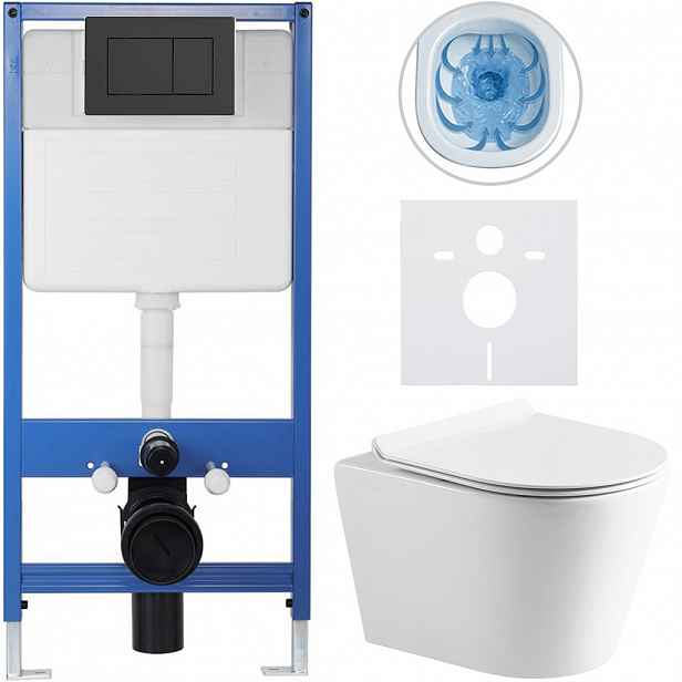 Kompletní WC set Profi/Carlito - bílá lesklá - WC tlačítko Classic/Černá matná - předstěnová instalace - 48,5x36,5 cm