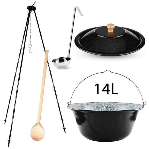 Perfect Home Kotlikset012 Trojnožka ke kotlíkům 1,2m + smaltovaný kotlík s poklicí 14 L + vařečka + naběračka ZDARMA, 5 ks