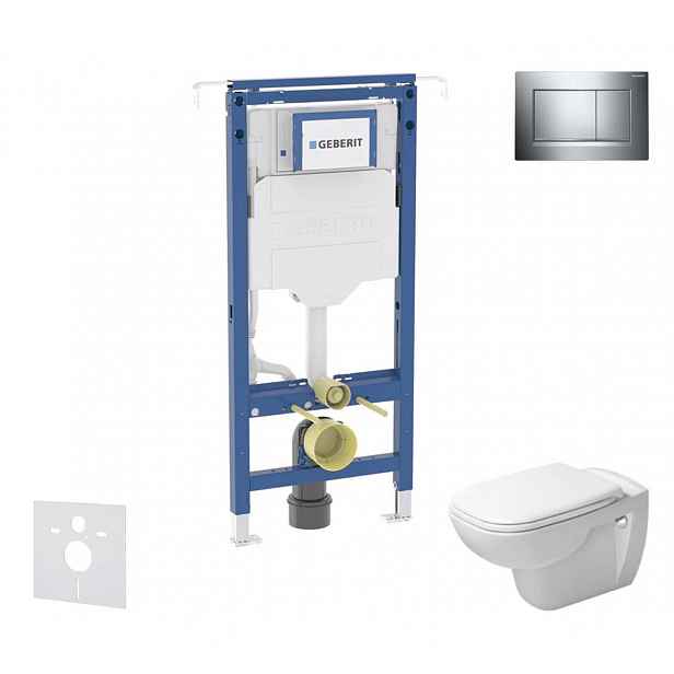Geberit Duofix - Set předstěnové instalace, klozetu a sedátka Duravit D-Code, tlačítka Sigma20, Rimless, SoftClose, lesklý chrom/chrom mat SANI11CP110