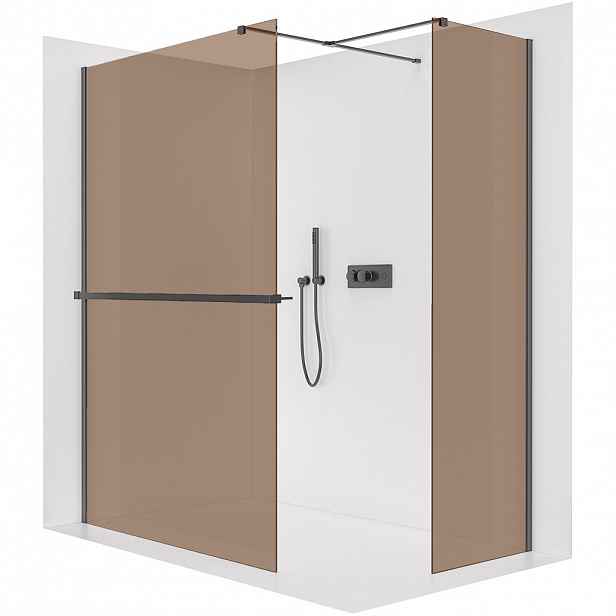 Sprchová zástěna Walk-in Onyx T L/P - 8 mm - hranatá vzpěra + polička/držák na ručníky - černá matná, bronzové sklo - 160x140x200 cm