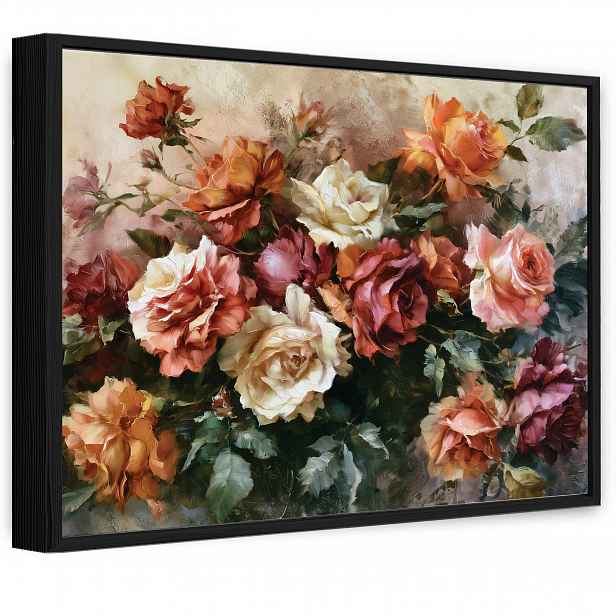 Obraz V Černém Rámu Na Plátně Květiny Růže Vintage Obývací Pokoj Ložnice 120x80