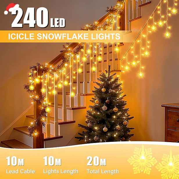 Lampičky Rampoušky Sněhové Vločky 10M 240 Led Teplé bílé Časovač 8 režimů IP44