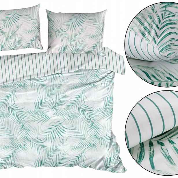 Povlečení komplet Raya proužky listy máta 220x200, bavlněný satén, povlak