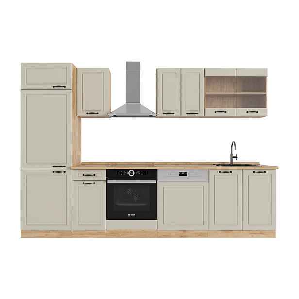 Vicco KUCHYŇSKÝ KOUT R-Line, Písečná venkovský dům/Zlatý mocný dub, 300 cm pracovná doska Dub Goldkraft