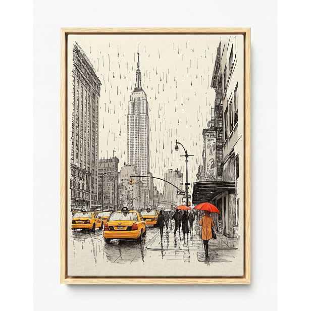Obraz Rám Americký Box Grafika Město New York Ulice Taxi Déšť 60x80