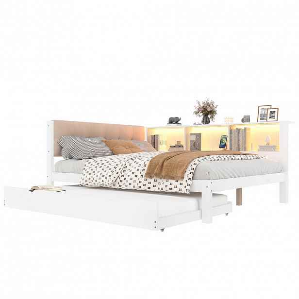 Modfu POSTEL z borovice 140x200 cm bílá s výsuvným lůžkem, LED osvětlením, USB portem a bočním regálem