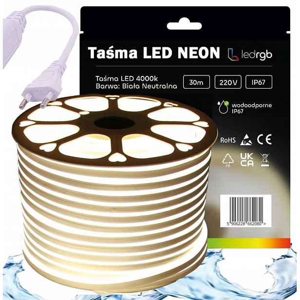 Set Led pásek Neon 220V 230V 30m 4000K Bílý Neutrální Napájecí Zdroj IP67