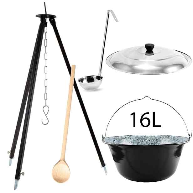 Perfect Home Kotlikset013 Trojnožka ke kotlíkům 1,2m + smaltovaný kotlík s poklicí 16 L + vařečka + naběračka ZDARMA, 5 ks