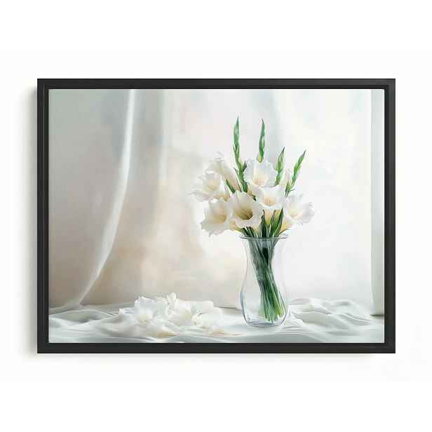 Obraz Rám American Box Květiny Bílé Gladiole Mečíky Váza Natura 80x60
