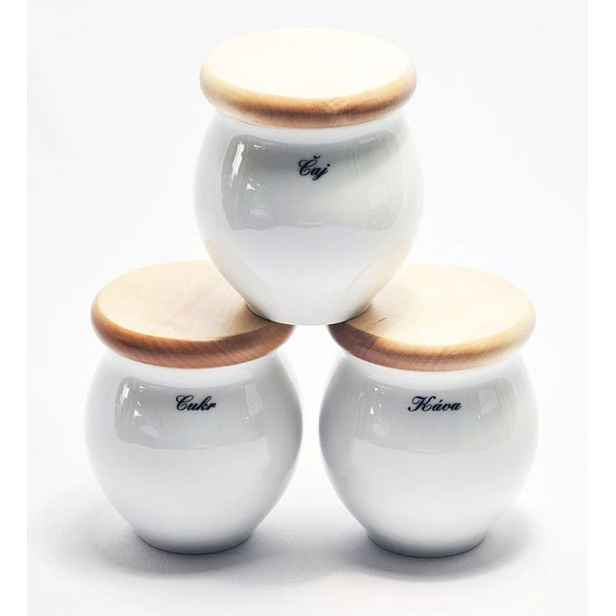 dóza BAŇÁK-NÁPISY různé, dř.víčko, čes.porcelán