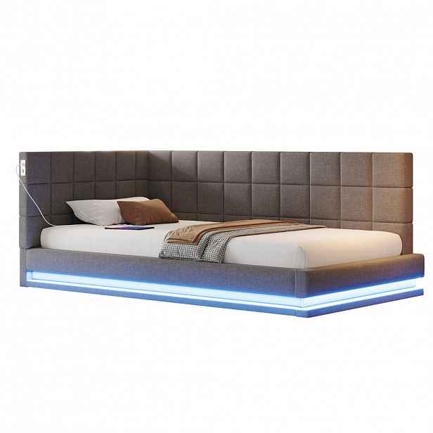 Modfu ČALOUNĚNÁ postel z lnu 90x200 cm šedá s LED osvětlením, USB portem a lamelovým roštem