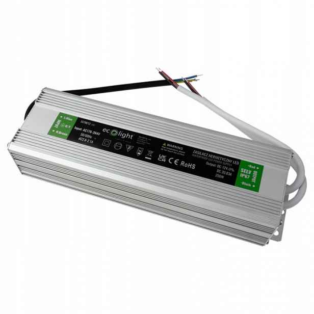 Napájecí zdroj 12V 250W 20,83A vodotěsný pro Led pásky IP67, hermetický kov