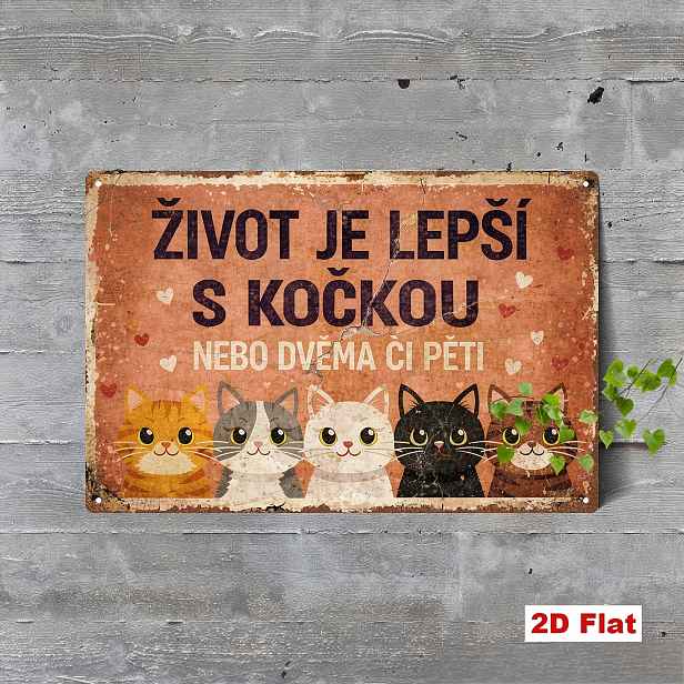 TEMU 2D plochá, 1 ks retro kovová cedule s českým kočičím sloganem, 20x30 cm železná cedule, s citátem „Život je lepší s kočkami“, dekorace v retro