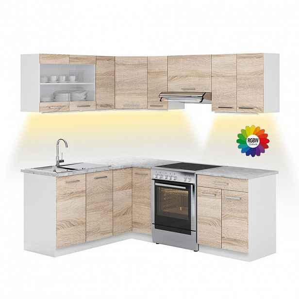 Vicco ROHOVÁ KUCHYŇSKÁ LINKA R-Line, Sonoma/Bílá, 207 x 167 cm s pracovní deskou s páskem LED