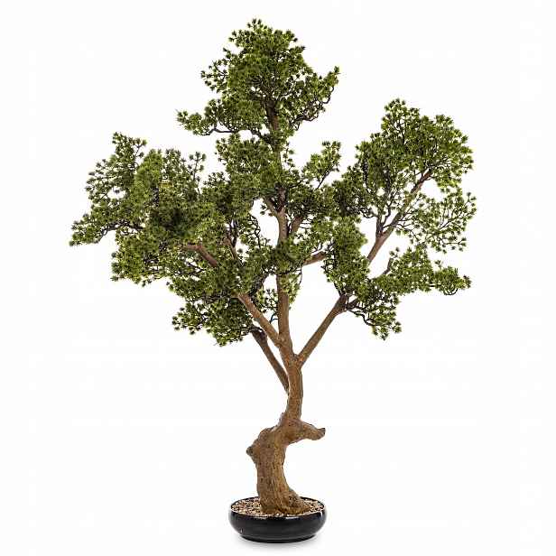 Dekorativní zelená rostlina v květináči, hnědá umělý květ stromek bonsai