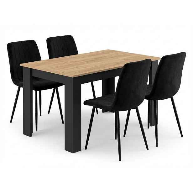Jídelní set 1 + 4, stůl MADO 120x80 cm černá/dub artisan + černá sametová židle LAVA s černými nohami