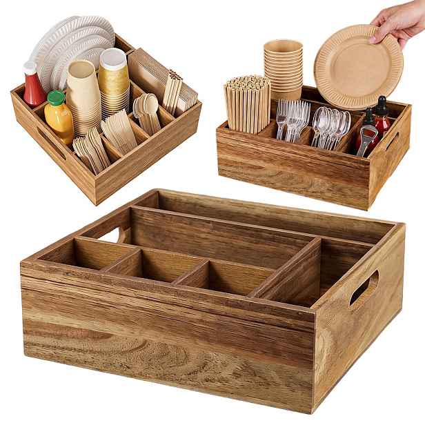 Organizér na příbory, dřevěný, 6 přihrádek, úchytky, 28x26.5 cm