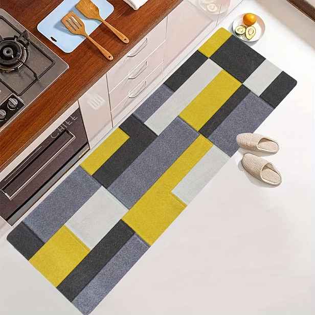 TEMU Silná kuchyňská podložka o rozměrech 1,1 cm, se žluto-šedým designem, odolná a s dlouhou životností, ideální pro použití v kuchyni, obývacím