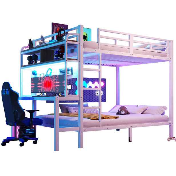 Modenvie PALANDA 140/200 cm z kovu a MDF v bílé barvě, s psacím stolem, LED a USB