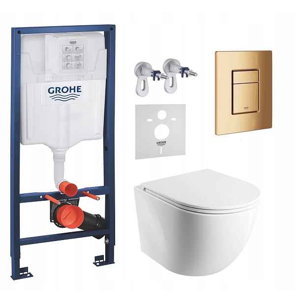 Podomítkový Wc set Grohe s mísou Mwbp Rimless a zlatým tlačítkem